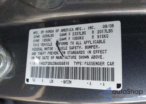 2009 Honda Accord 2.4 Lx-P from USA, damaged, VIN 1HGCP26439A004616